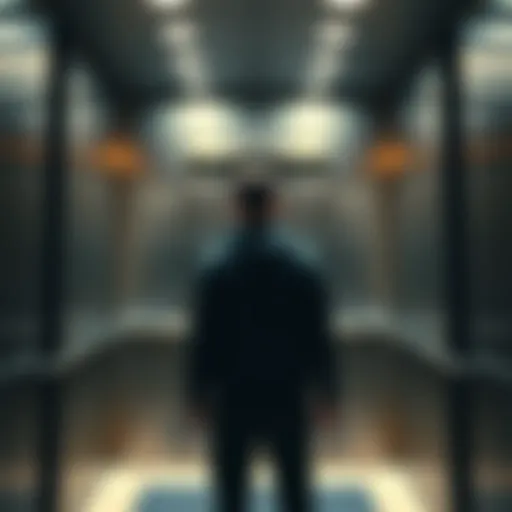 A person stands in an elevator, looking anxious and deep in thought while waiting for it to move.