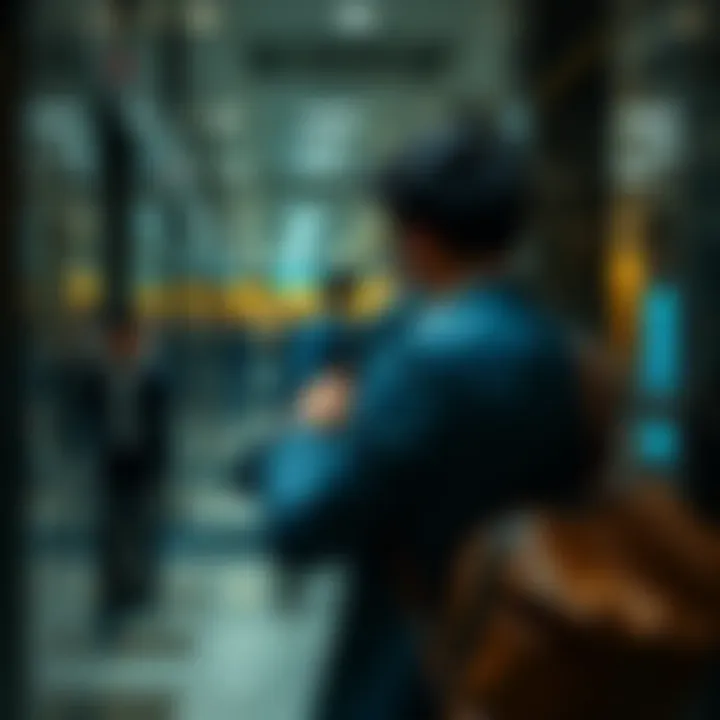 A frustrated person checking their watch while waiting for an elevator in a busy building lobby