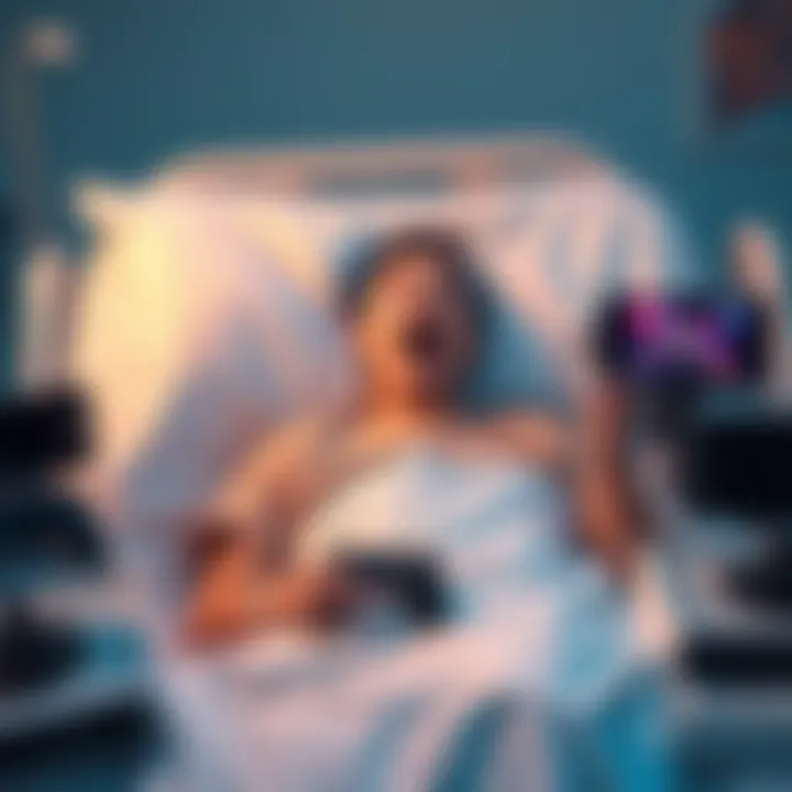 A person waking up in a hospital bed, surrounded by modern video game consoles and controllers, looking amazed and excited