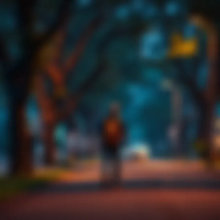 A person walks down a tree-lined street, reflecting after losing power during a gaming session