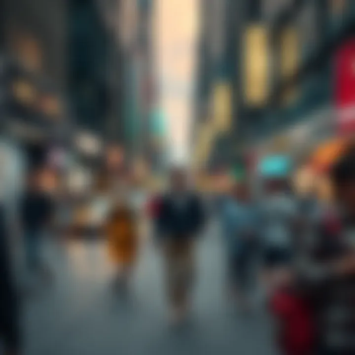 A person casually walking on a bustling city street, surrounded by others going about their daily routines.