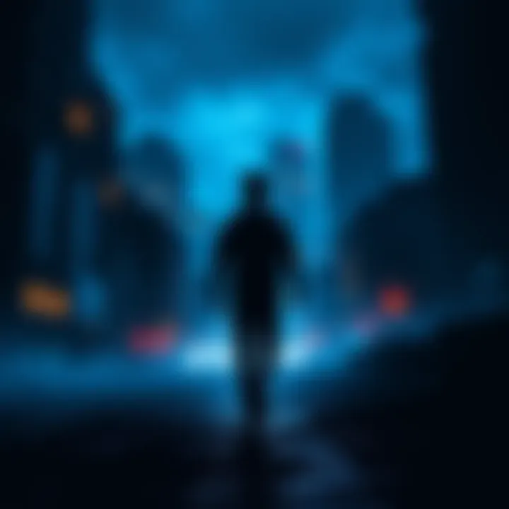 Individual turning their back on a shadowy urban scene, representing leaving behind Songbird and Cynosure