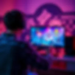 Person watching gaming playthrough A person sitting in front of a screen, intensely focused on a gaming playthrough with colorful graphics displaying on the monitor.