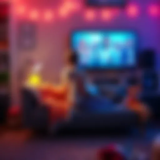 Individual sitting comfortably on a couch, watching a familiar TV show, surrounded by cozy blankets and snacks, embodying a sense of comfort and connection during a quiet evening.