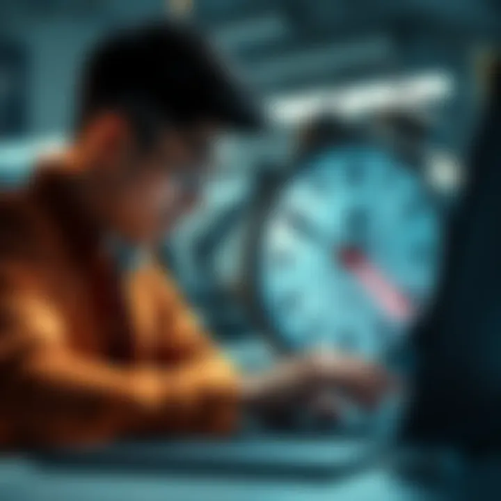 Person working against a clock A focused individual working on a task with a clock showing a tight deadline
