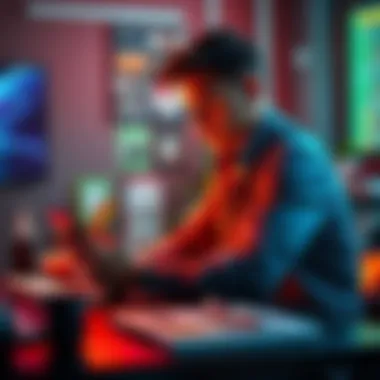 Person Working on a Smartphone A person sitting at a table, focused on creating a new app on their smartphone after feeling disappointed with a recent update.