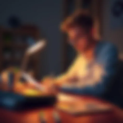 A person sitting at a desk, writing a heartfelt letter about their new hero, with a warm light shining on them