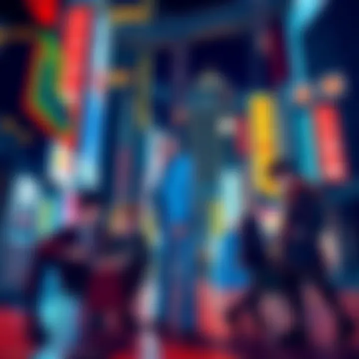 Artwork featuring characters from Persona 5 Royal discussing their plans in a vibrant urban setting