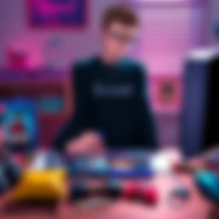 A gamer sits at a desk, contemplating two game cases: Persona 3 Reload DLC on sale and Persona 5 Royal. The desk is cluttered with gaming accessories and snacks.