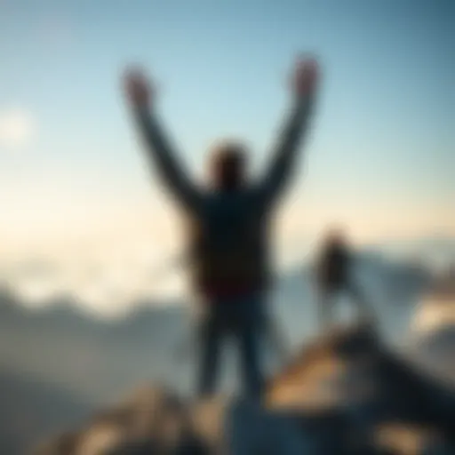 A person joyfully raising their arms in celebration on a mountain top after reaching a personal milestone.