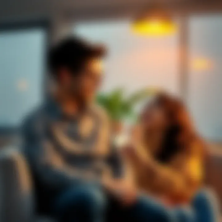 Personal Connections Through Names A couple sitting close together, smiling and sharing a moment, while one gently holds a name tag. The scene emphasizes the bond created through names and nicknames in relationships.