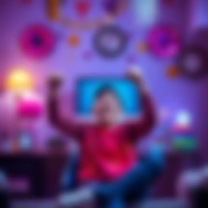 Personal Decorator Achievement Celebration A person happily celebrating their successful completion of the Personal Decorator achievement, surrounded by colorful decorations and a computer screen displaying their accomplishment.