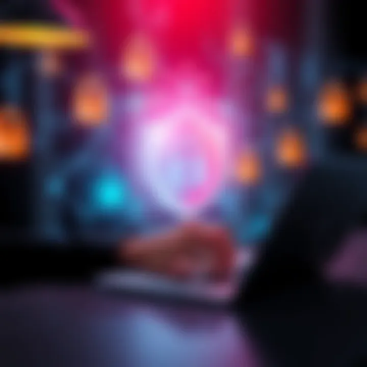 A person using a laptop while securing their home and online information with locks and shields around them.