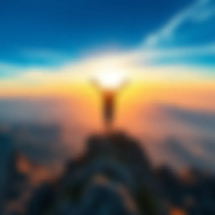 A person standing on a mountain peak, arms raised in triumph, symbolizing personal growth and a life-changing experience.