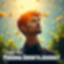 A person reflecting on their transformative journey, surrounded by nature and symbols of growth like plants and sunlight.