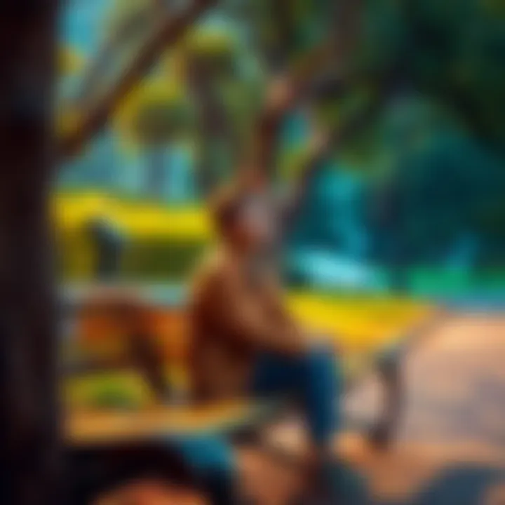Personal Insights A person sitting on a park bench, reflecting on their thoughts with a peaceful expression, surrounded by nature.
