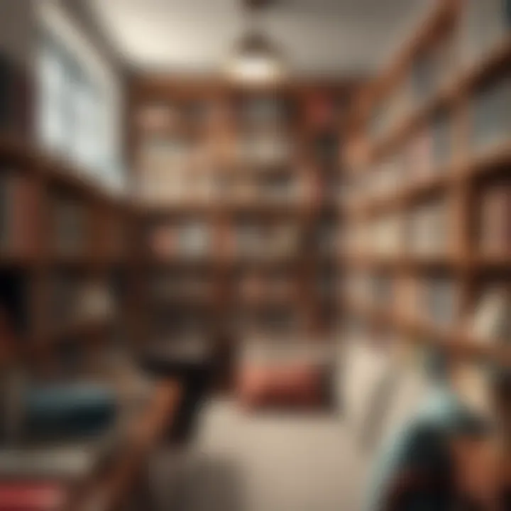 A cozy personal library filled with various books on shelves, showcasing a diverse collection