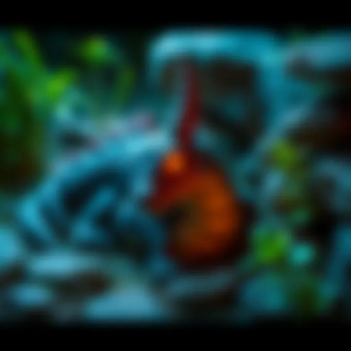 A pet deviljhoe resting in a well-set habitat with plants and rocks, showcasing its unique features