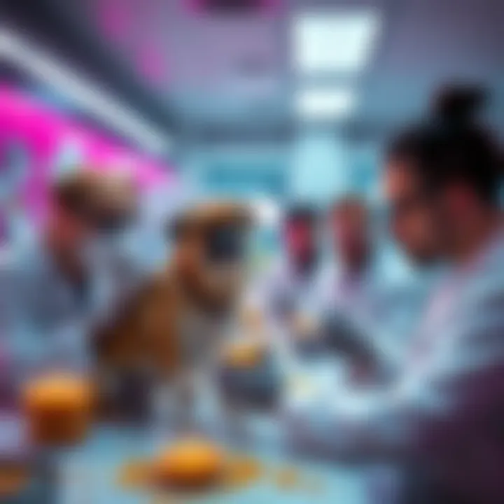 A group of scientists examines strange cosmic dust while feeding it to dogs in a lab setting