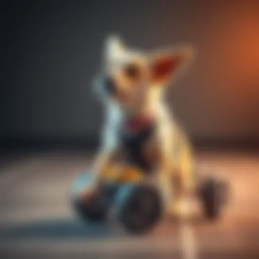 A pet with wheels attached to its front legs, looking playful after an incident with a tossed stick.