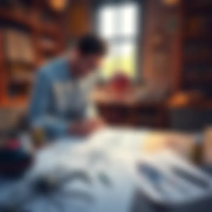 Peter Parker in a lab, sketching designs for various anti-suits tailored to his villains, with blueprints of an anti-scorpion suit and an anti-Mysterio suit visible on the table.