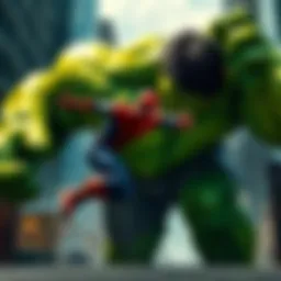 Peter Parker, in his iconic suit, narrowly avoiding a massive green Hulk in a city setting