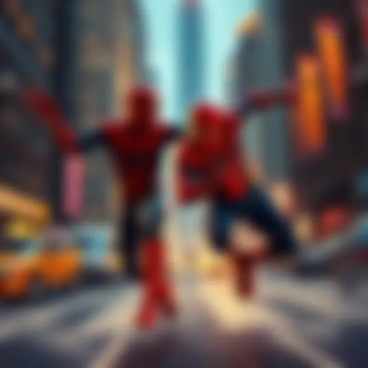 Peter Parker and Miles Morales teaming up against Roxxon in a chaotic Manhattan setting
