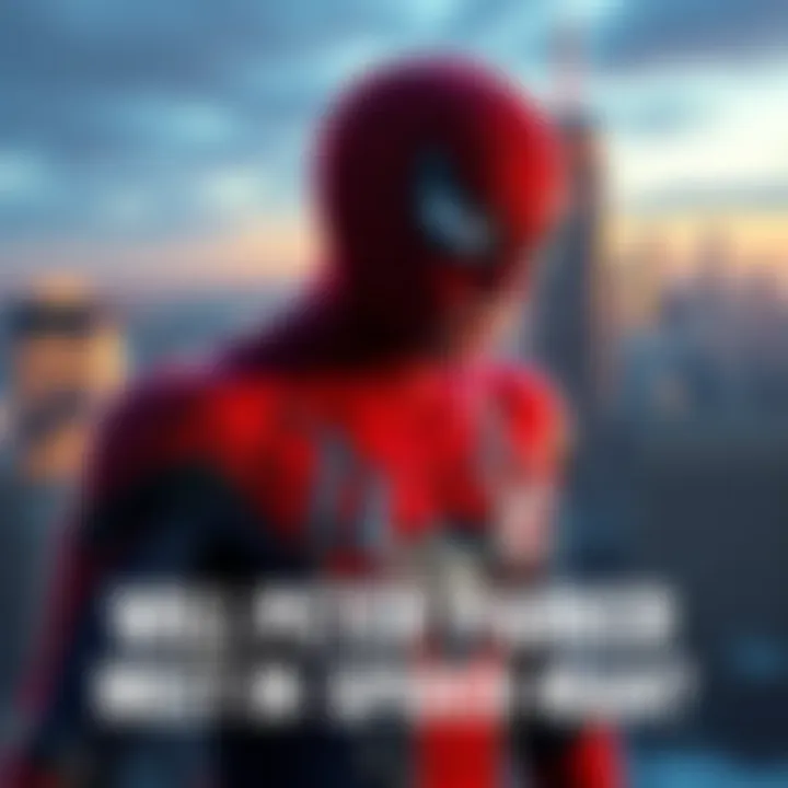 Peter Parker in his Spider-Man suit, looking concerned and ready for action, with a city skyline in the background.