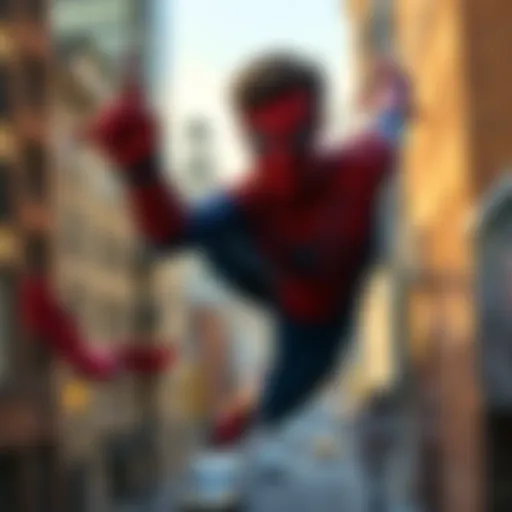 Peter Parker in PS4 Spider Man Peter Parker swings through New York City in his Spider Man suit, showcasing his playful and determined personality.