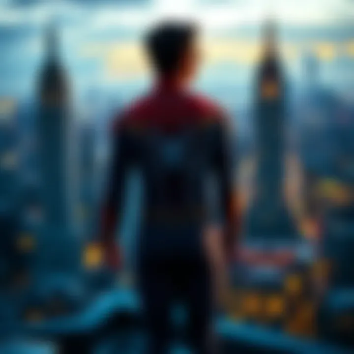 Peter Parker in his Spider-Man suit standing on a rooftop, looking out over the city skyline, reflecting on his personal journey.