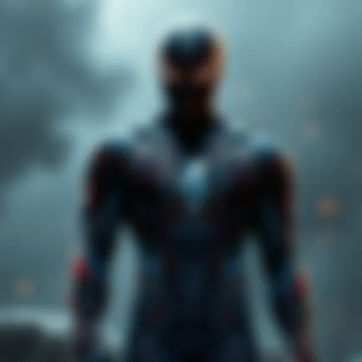 Peter Parker stands with the black symbiote suit, reflecting a struggle with addiction themes, as shadows loom over him.