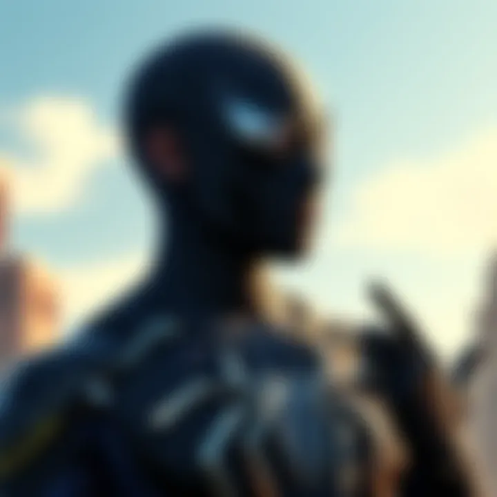 Peter Parker struggles with a black symbiote suit while looking contemplative, with Miles Morales reaching out to him