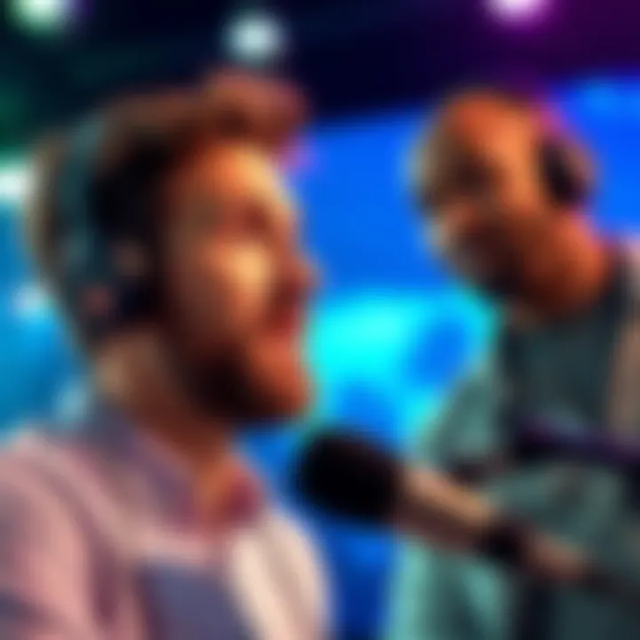 Peter looking away while JJ speaks into a microphone on his podcast