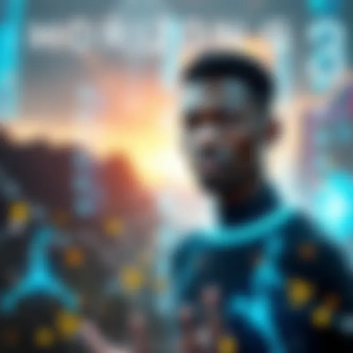 A character resembling Peter Tshivhumbe surrounded by a futuristic digital environment, symbolizing AI-human integration