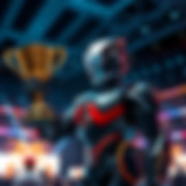 Peterbot holding a trophy with a backdrop of a gaming arena, showcasing his six FNCS titles and two LAN wins.