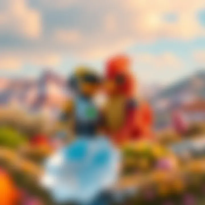 Peterbot and Pollo together in a vibrant landscape, searching for their third partner amidst Acorn, Ajerss, Ritual, and Cold environments.