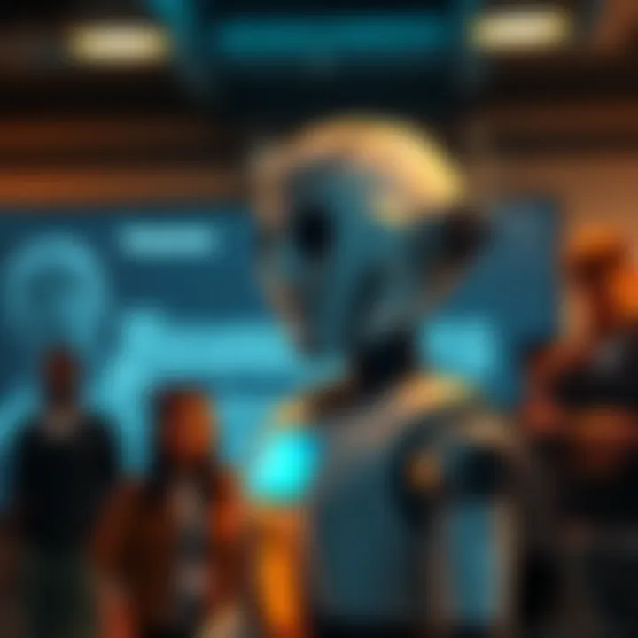 Peterbot stands in front of a screen displaying text of his AI-generated apology, with puzzled and upset people in the background.