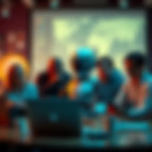 A group of people debating about Peterbot's influence in technology, with laptops and gadgets around them