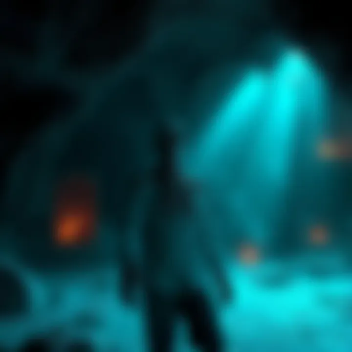 A scene depicting a character affected by Petrification Disease, surrounded by eerie shadows and hints of human souls beneath Hotel Krat.