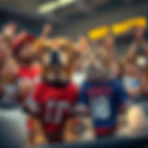 A dog and a cat wearing team jerseys, sitting together while people cheer in the background