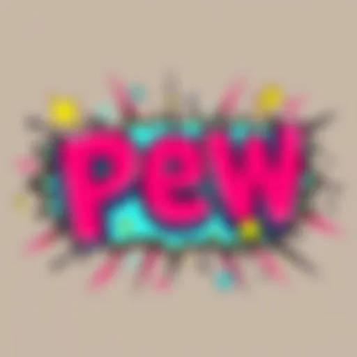A colorful graphic featuring the words 'Pew Pew' in bold letters with cartoon sound effects around it, showcasing its fun and playful nature in pop culture.