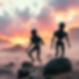 Phantom humanoids appear in a digital landscape before the Khan Maykr battle, hinting at their role in agent production.