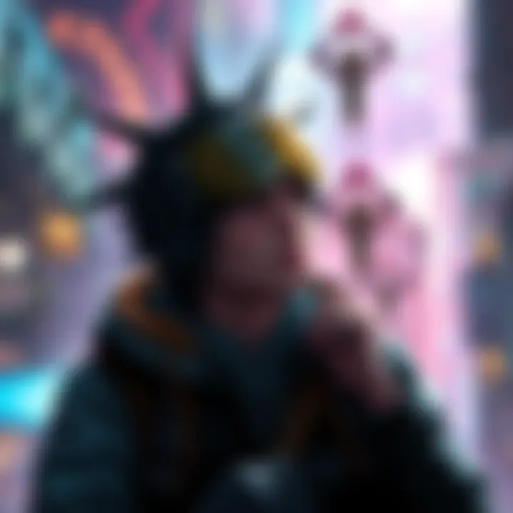 A gamer contemplating whether to play the Phantom Liberty DLC before finishing the base game, surrounded by game graphics and character art.