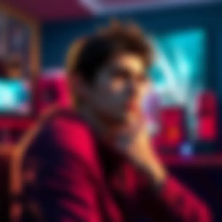 A gamer contemplating whether to buy the Phantom Liberty DLC now or during their second playthrough, with a gaming setup in the background.