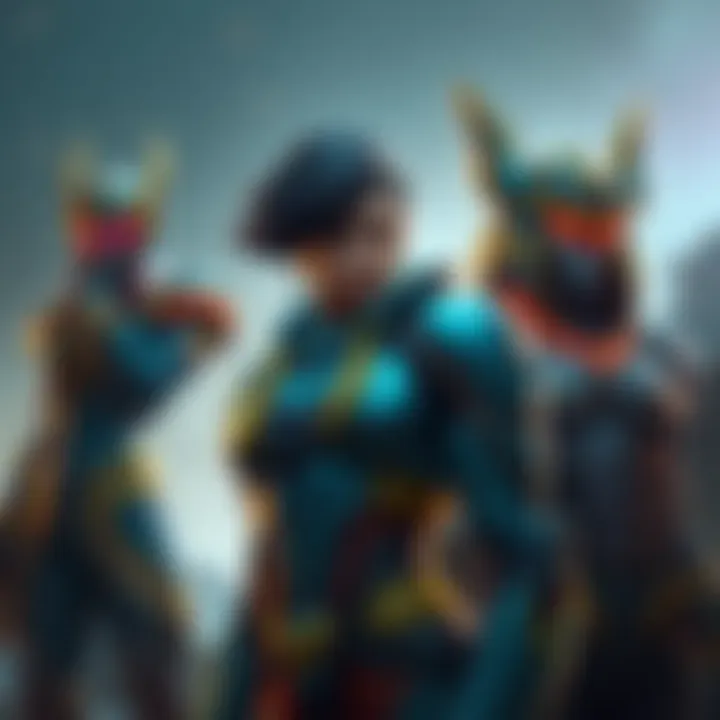 Pharah in gaming art style Artwork of Pharah, a character in a futuristic suit, looking disappointed while Illari and Mauga stand confidently in the background