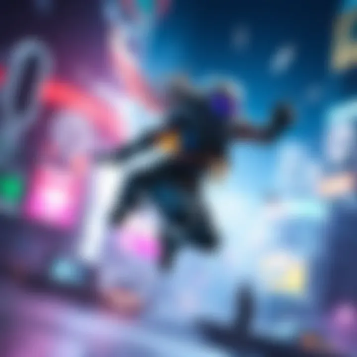 A character named Pharah flying in a vibrant gaming environment, showcasing her abilities
