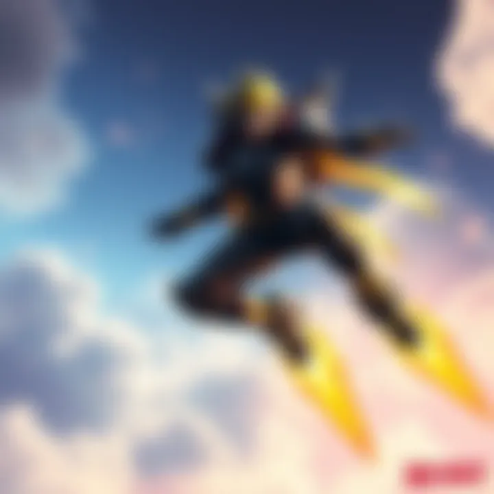 A character in a futuristic flight suit, soaring through the sky with rocket-powered boots, ready for battle.