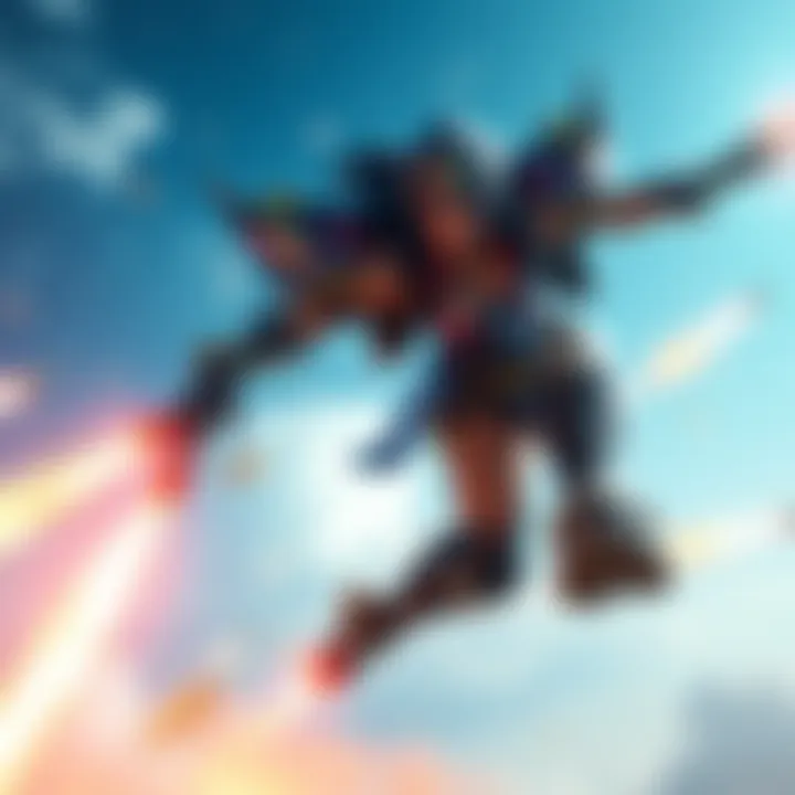 Pharah flying in a blue sky with rockets ready to fire