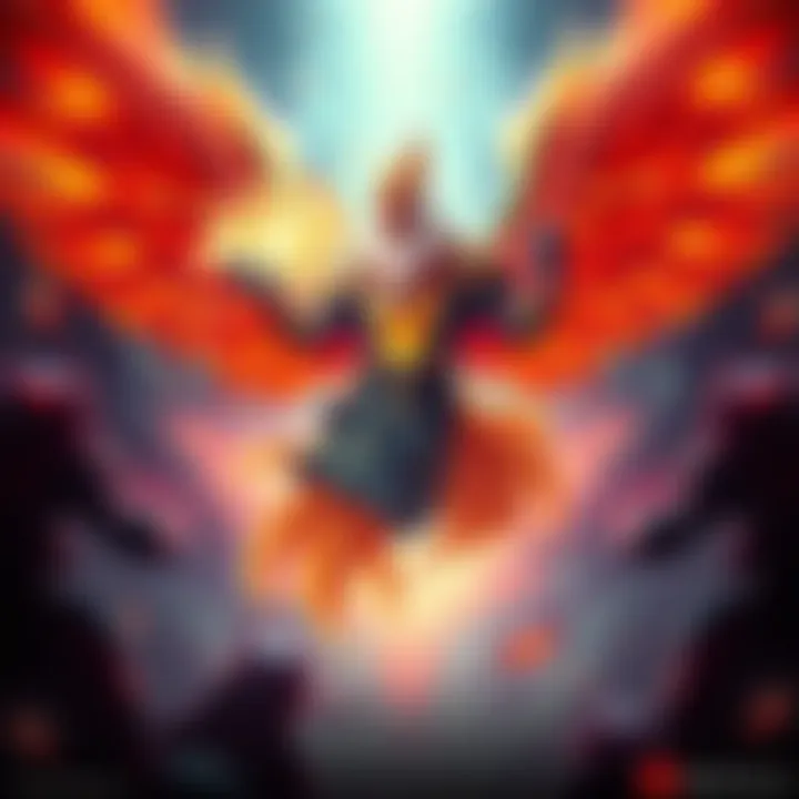 Phoenix character casting a spell in a Dota 2 match, surrounded by fiery effects and allies nearby.