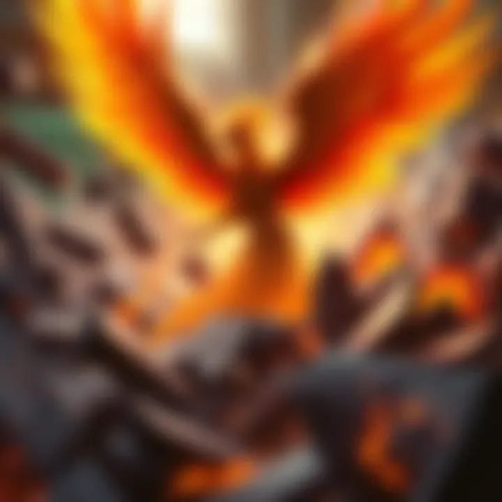 A depiction of the Phoenix card surrounded by destroyed cards, showing its struggle to revive them in a game setting